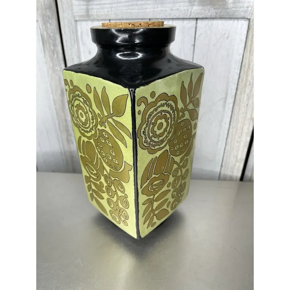 Vintage Hand Painted Ceramic Vase Metallic Floral Design 70s Green Black